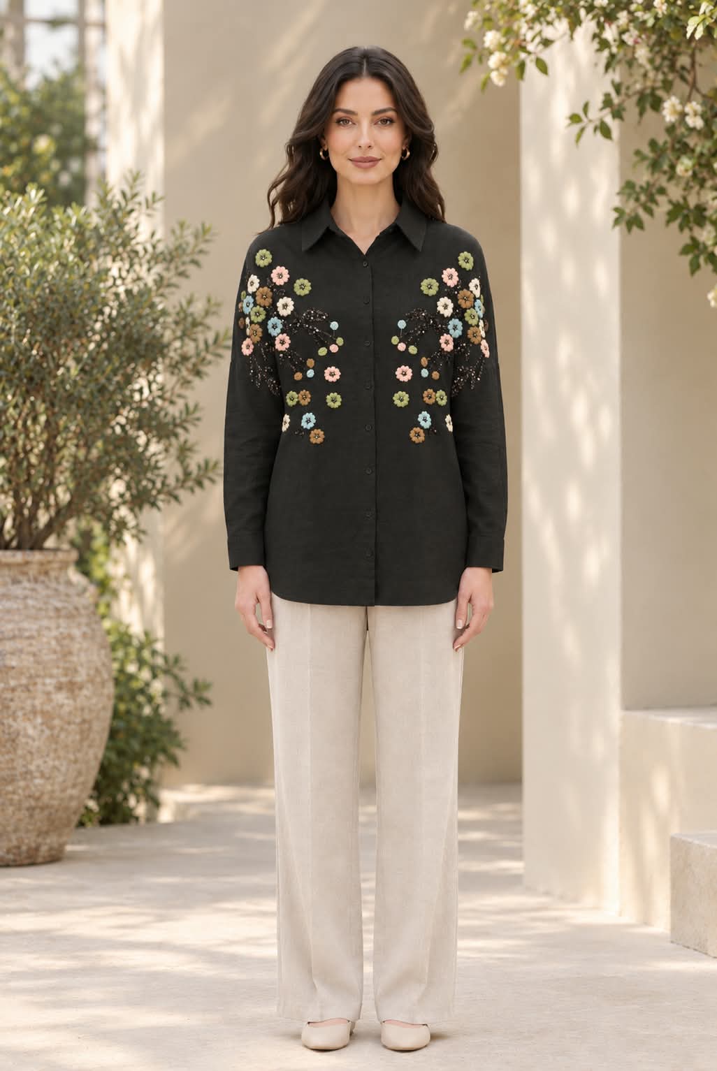Oversized Floral Embroidery Shirt