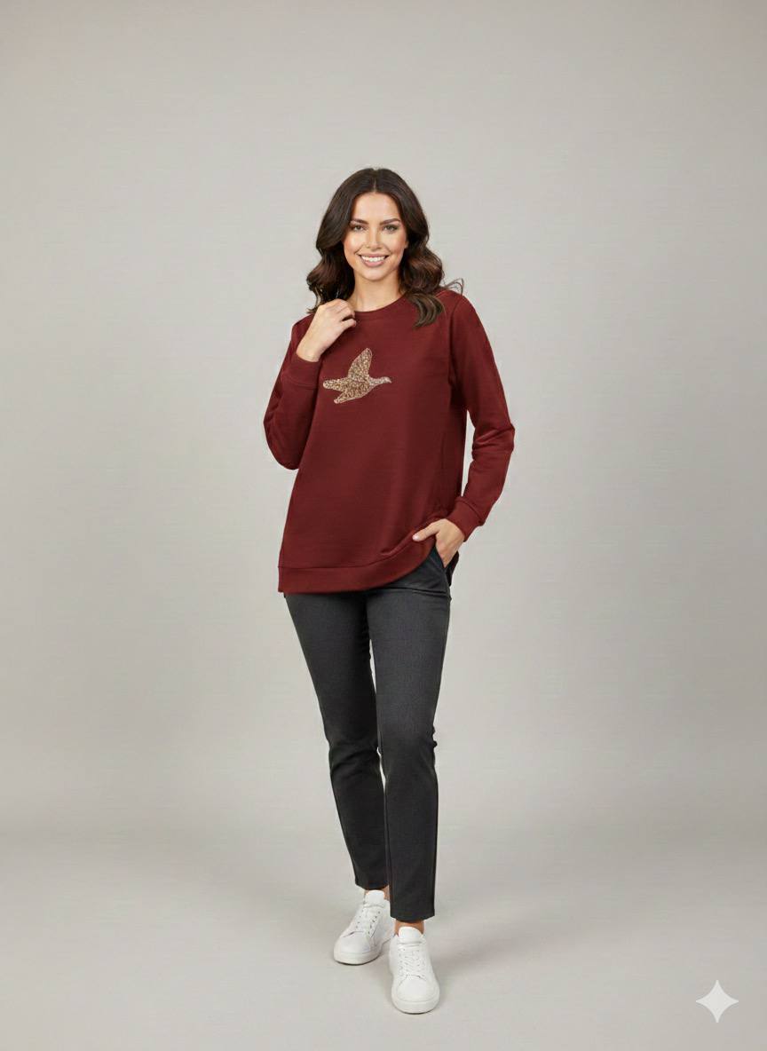 Basic Sweatshirt with Golden Bird Embellishment