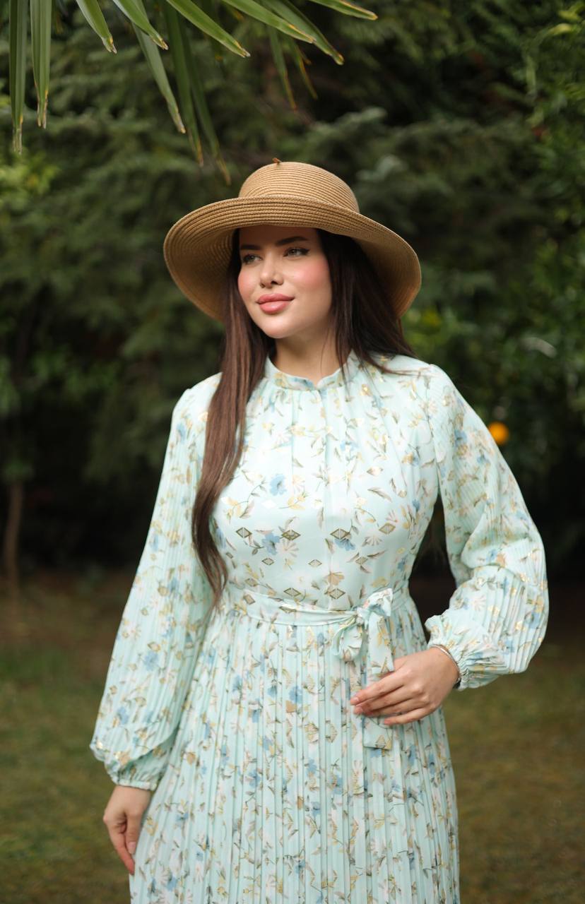 Floral Pleated Maxi Dress with Belt- Elegant Modest Wear