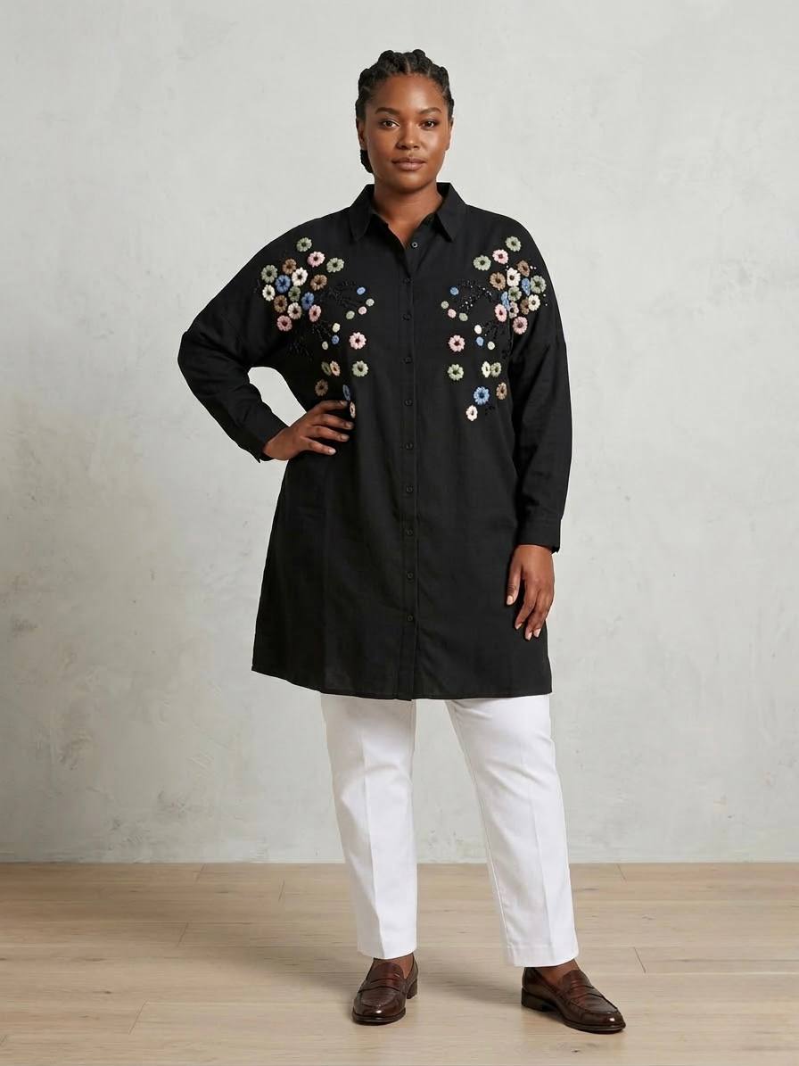 Women Plus size One Size Floral Embroidered Oversized Shirt