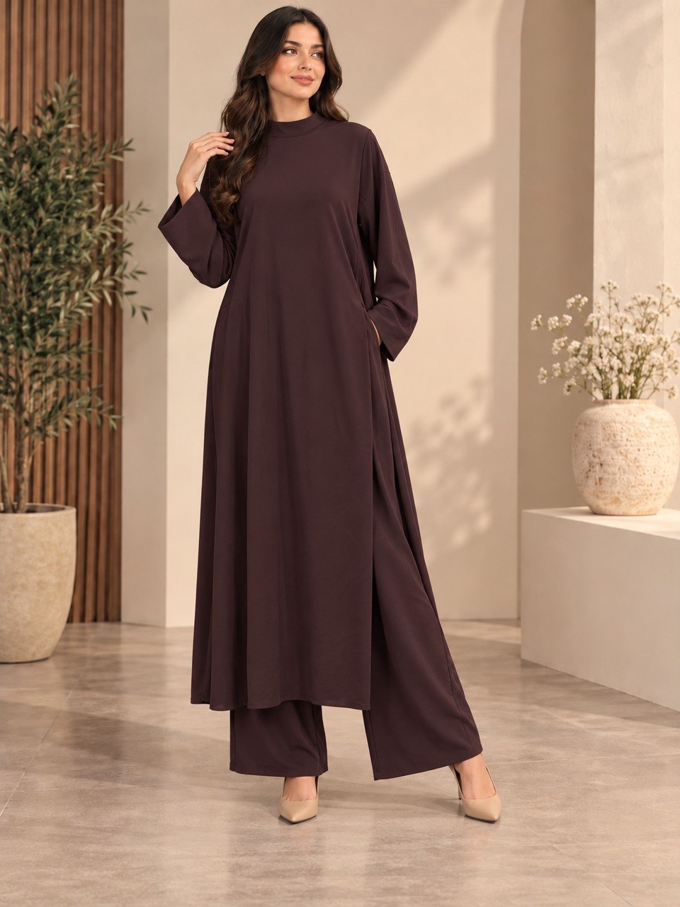 Long Side-Slit Tunic & Wide-Leg Pants with Belt