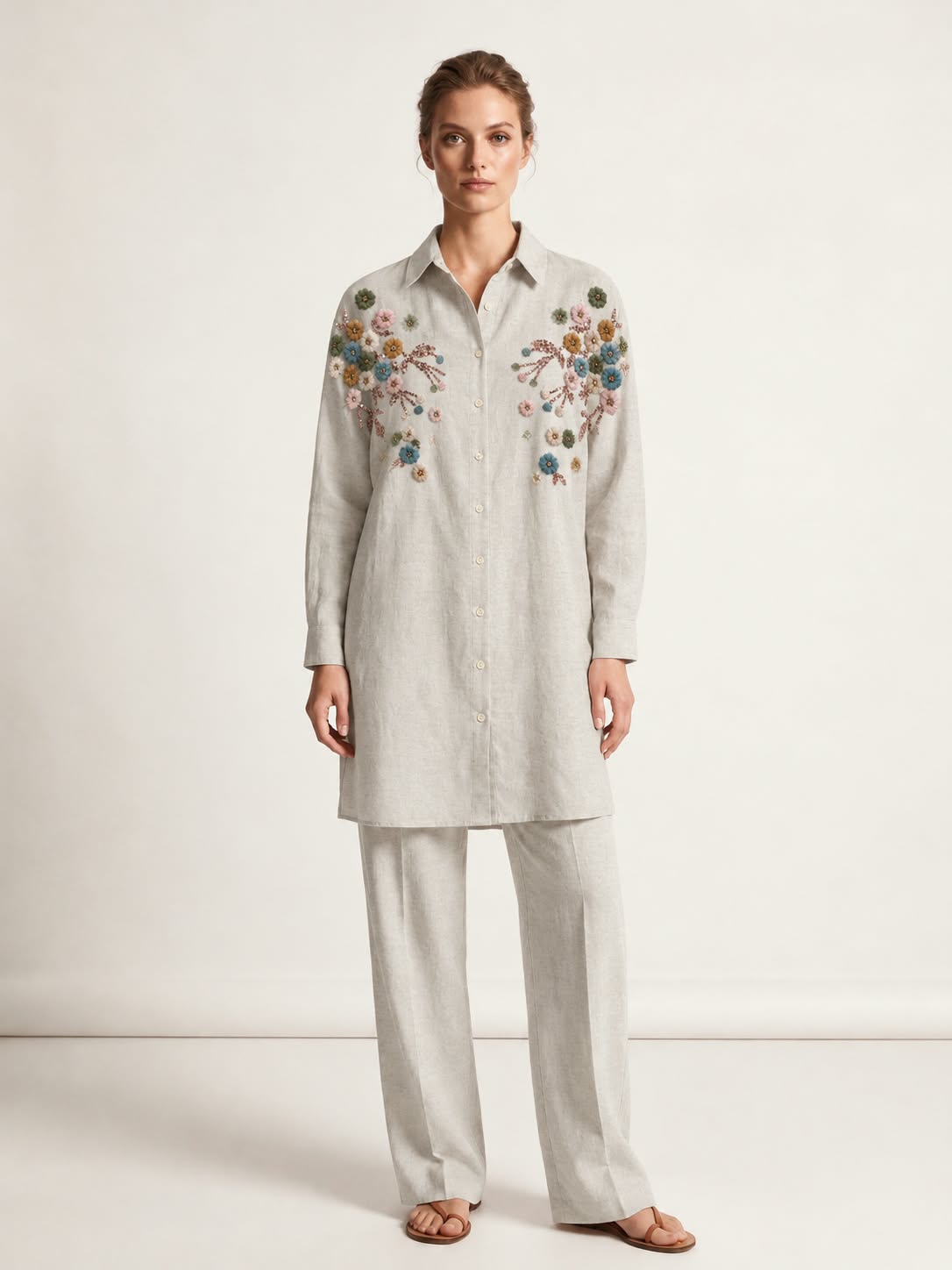 Women Plus size  One Size Floral Embroidered Oversized Shirt