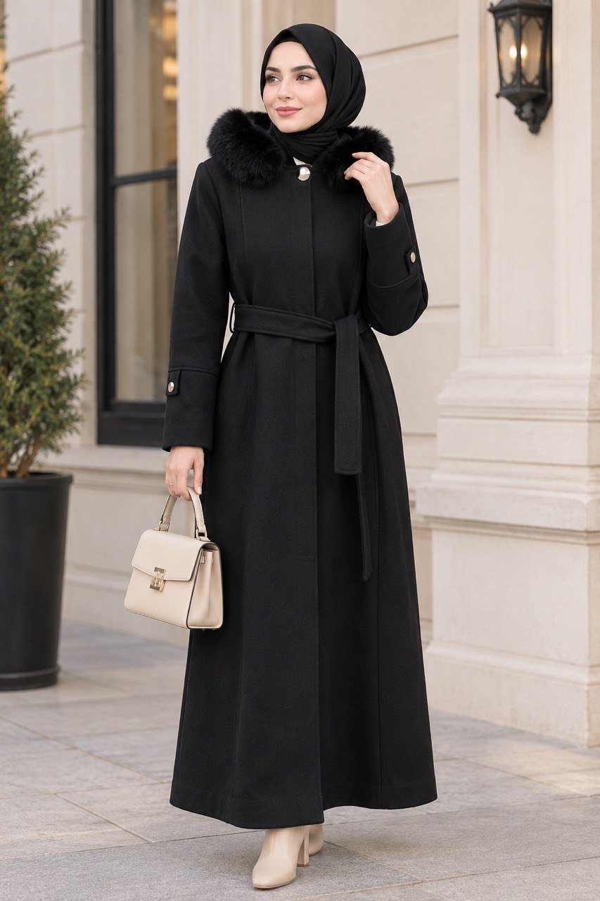 Elegant Long Wool Coat with Detachable Hood & Gold Button