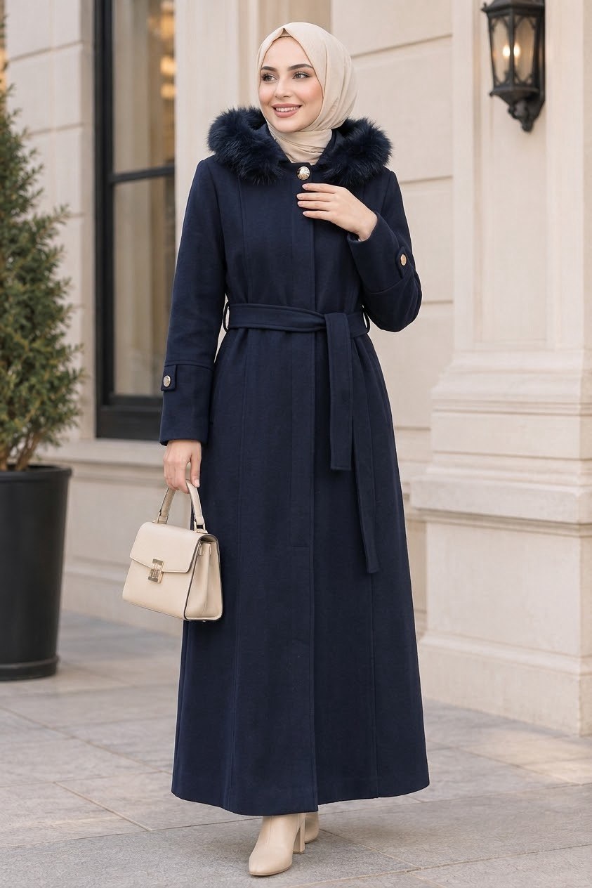 Elegant Long Wool Coat with Detachable Hood & Gold Button