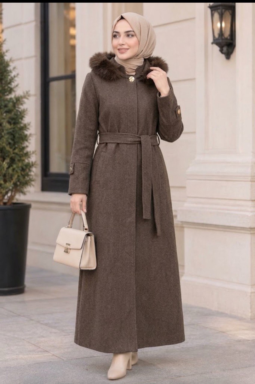 Elegant Long Wool Coat with Detachable Hood & Gold Button