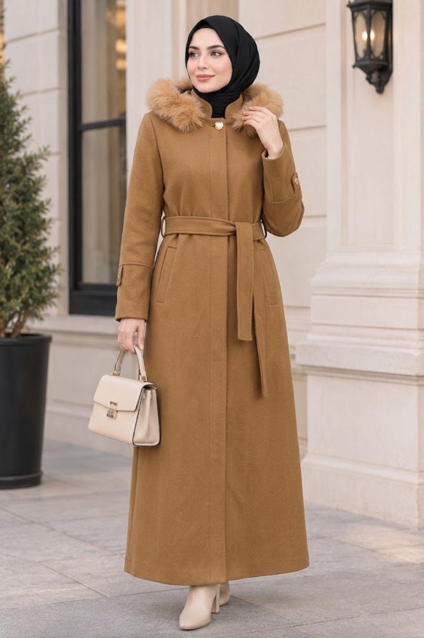 Elegant Long Wool Coat with Detachable Hood & Gold Button