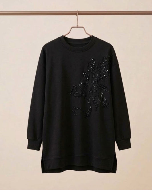 Luxury Floral Embroidered Black Tunic