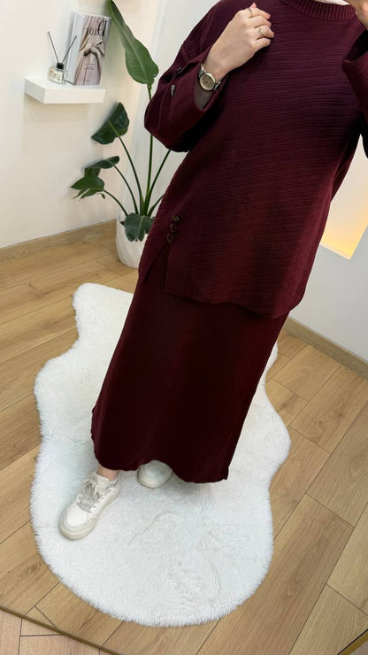 Button-Detail Ribbed Knit Skirt Set