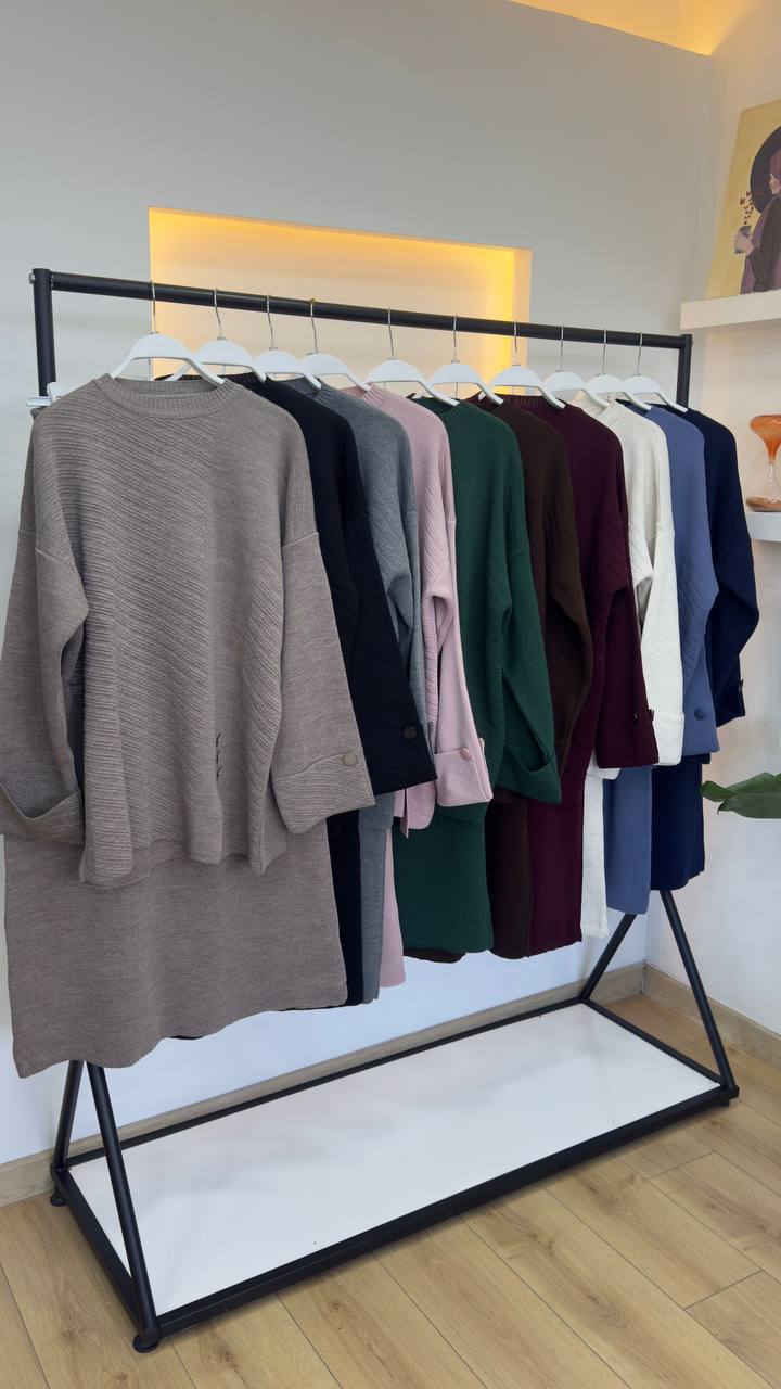 Button-Detail Ribbed Knit Skirt Set