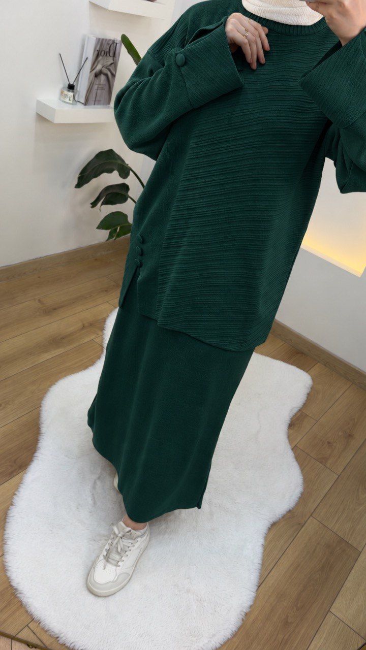 Button-Detail Ribbed Knit Skirt Set