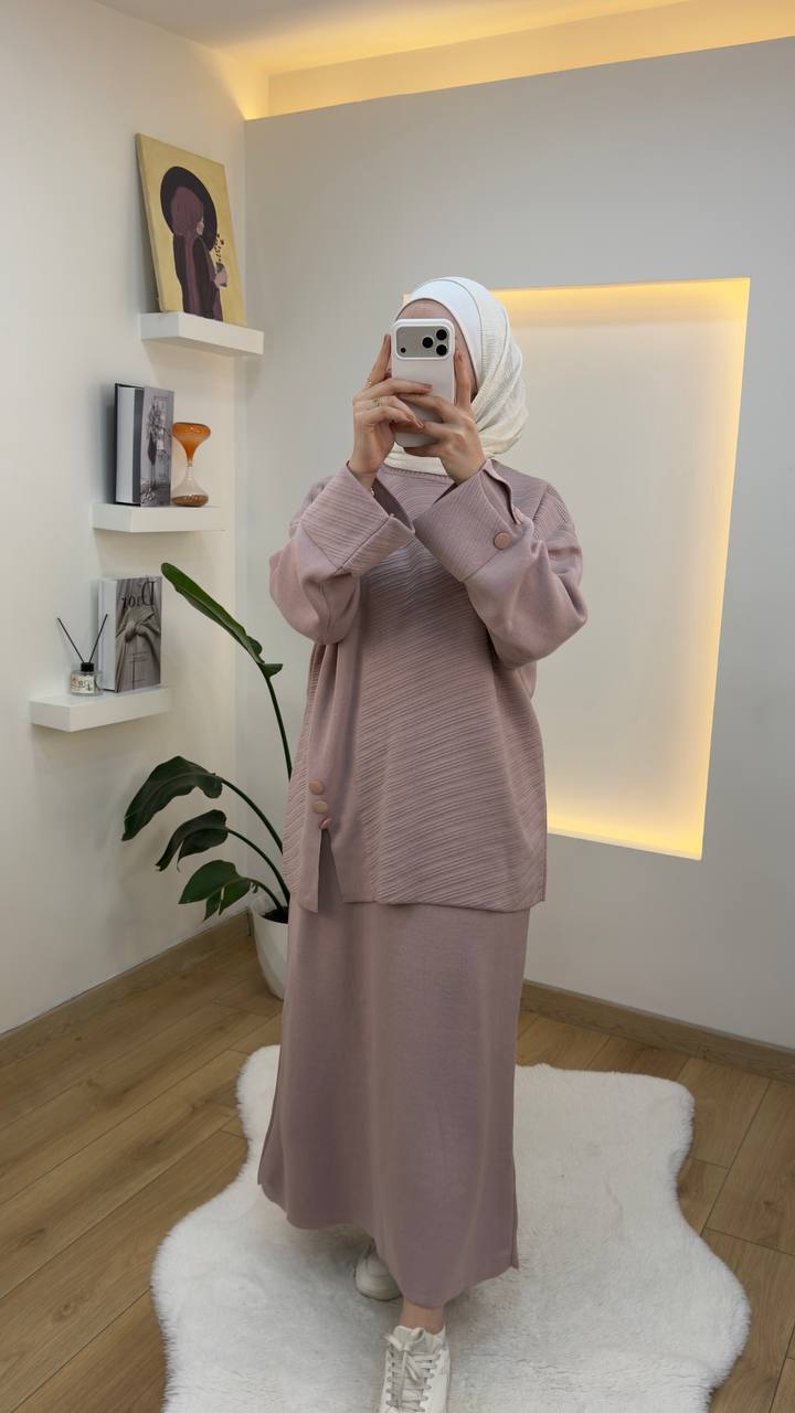 Button-Detail Ribbed Knit Skirt Set
