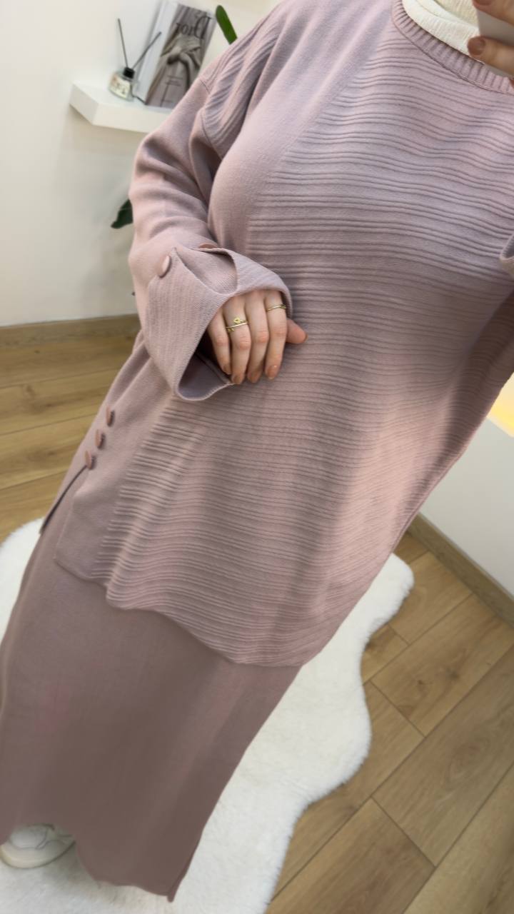 Button-Detail Ribbed Knit Skirt Set