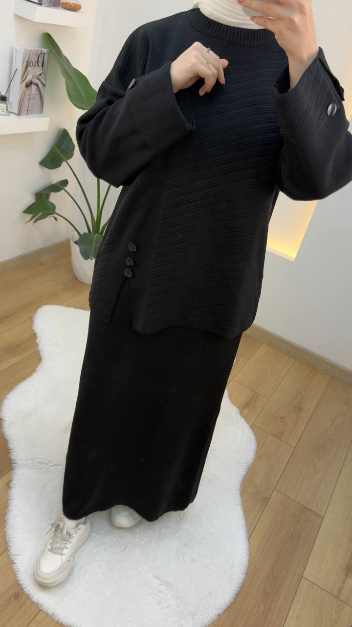 Button-Detail Ribbed Knit Skirt Set