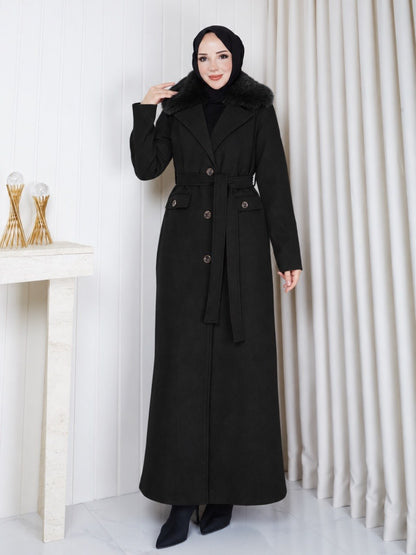 Long Fur-Collar Belted Coat & Flap Pocket