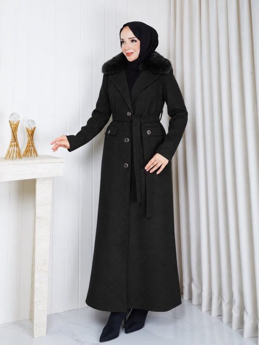 Long Fur-Collar Belted Coat & Flap Pocket