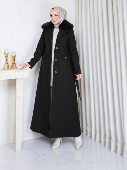 Long Fur-Collar Belted Coat & Flap Pocket