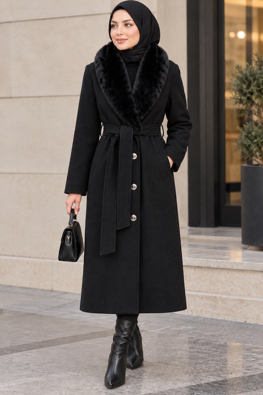 Detachable Faux Fur Collar Belted Coat