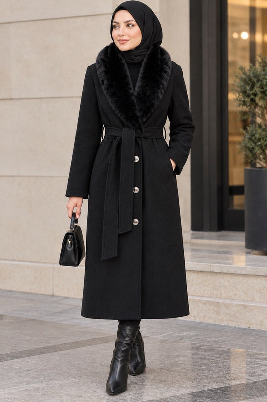 Detachable Faux Fur Collar Belted Coat
