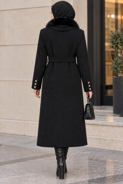 Detachable Faux Fur Collar Belted Coat