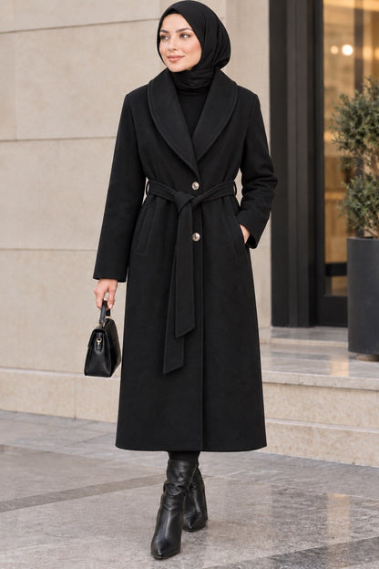 Detachable Faux Fur Collar Belted Coat