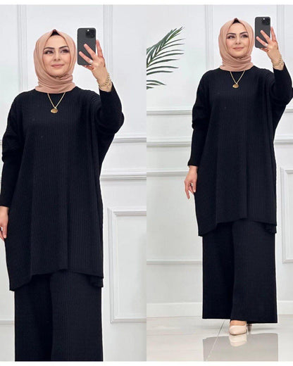 Ensemble sweatshirt tricote a motif tresse et pentalon