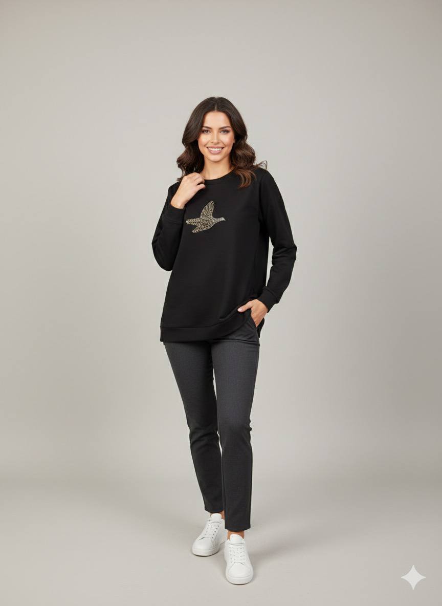 Basic Sweatshirt with Golden Bird Embellishment