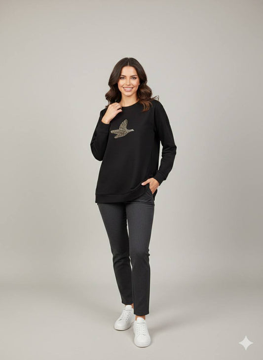 Basic Sweatshirt with Golden Bird Embellishment