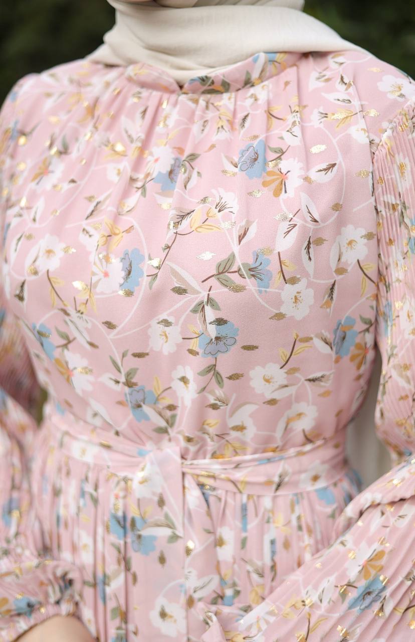 Floral Pleated Maxi Dress with Belt- Elegant Modest Wear