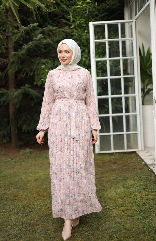 Floral Pleated Maxi Dress with Belt- Elegant Modest Wear