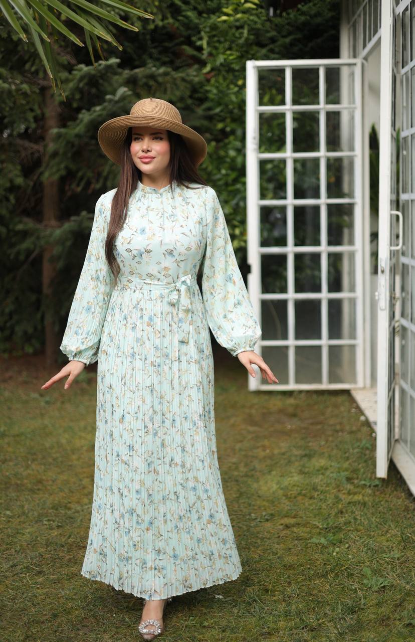 Floral Pleated Maxi Dress with Belt- Elegant Modest Wear
