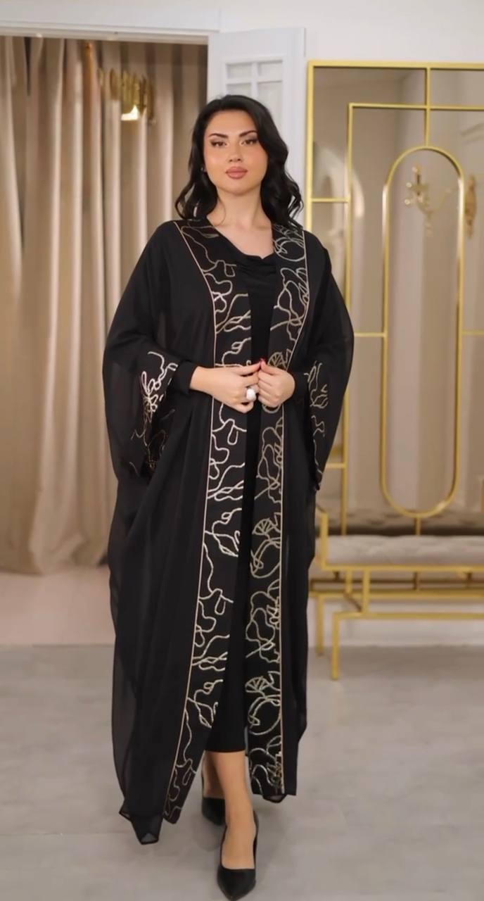 Elegant Gold-Embroidered Chiffon Open kimono / Abaya  ( Outer piece only )