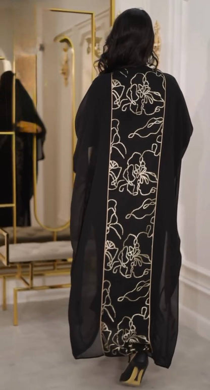 Elegant Gold-Embroidered Chiffon Open kimono / Abaya  ( Outer piece only )