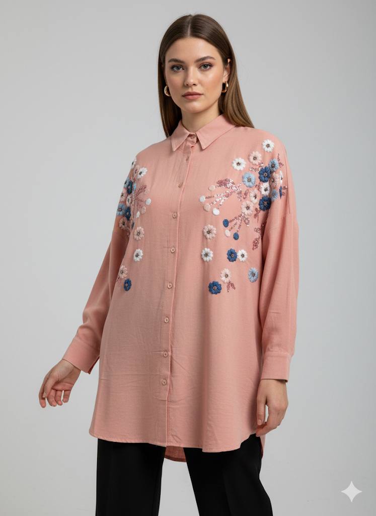 Oversized BOHO-Chic shirt with floral Embroidery