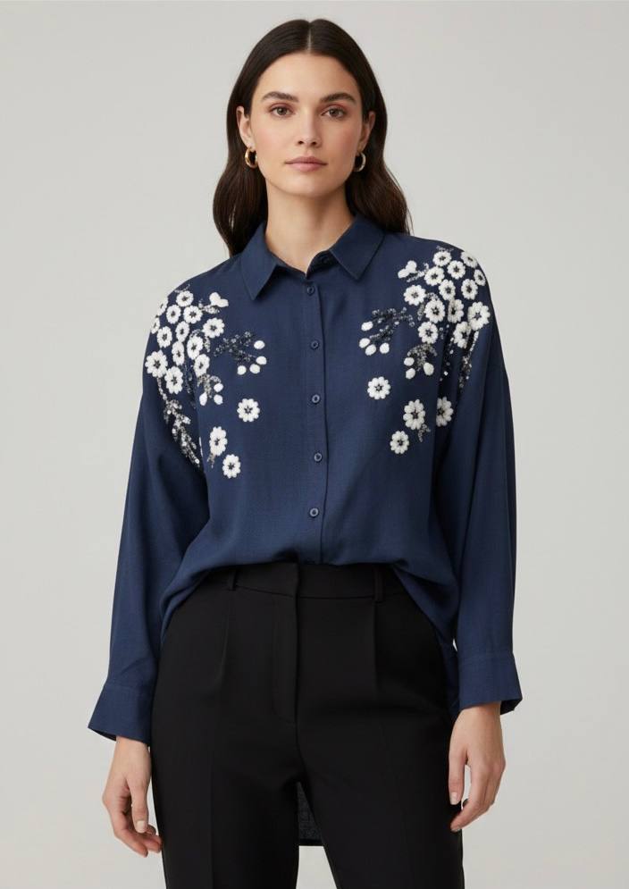 Oversized BOHO-Chic shirt with floral Embroidery