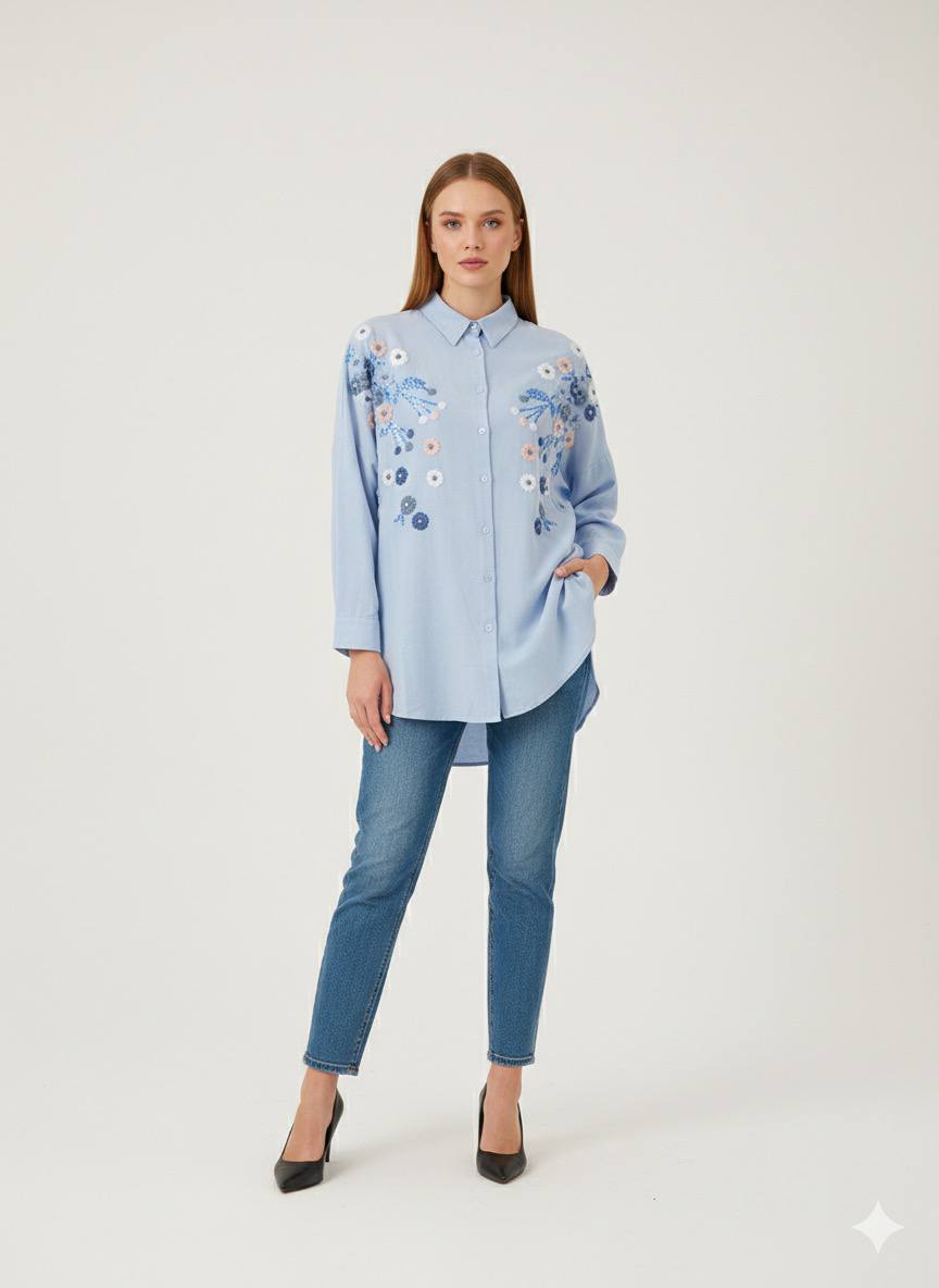 Oversized BOHO-Chic shirt with floral Embroidery