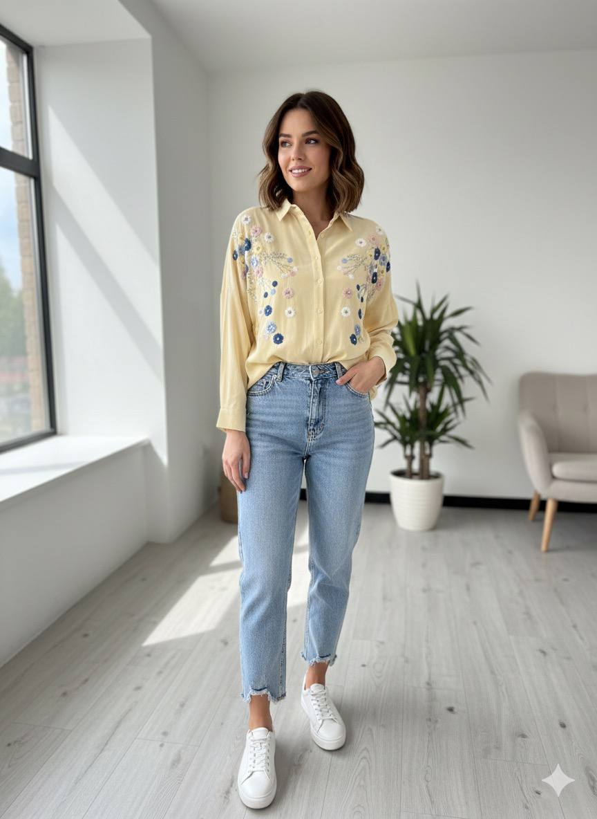 Oversized BOHO-Chic shirt with floral Embroidery