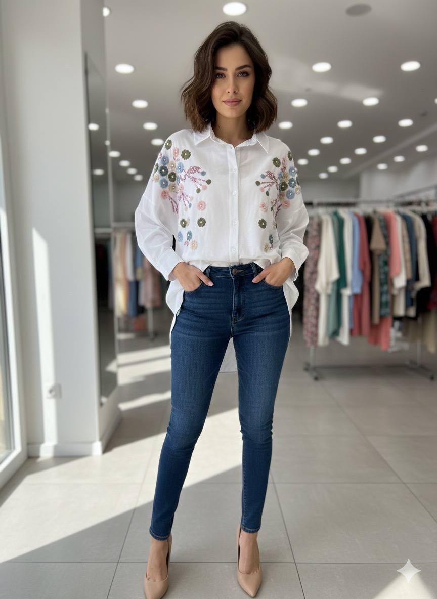 Oversized BOHO-Chic shirt with floral Embroidery