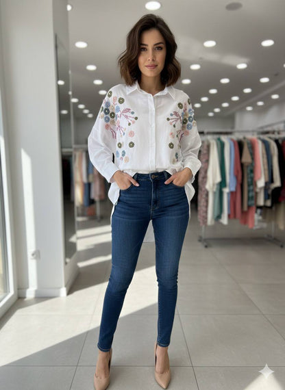 Oversized BOHO-Chic shirt with floral Embroidery