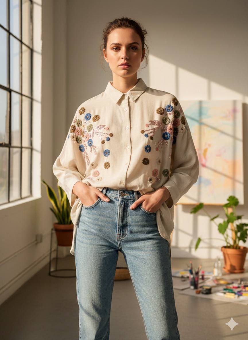 Oversized BOHO-Chic shirt with floral Embroidery