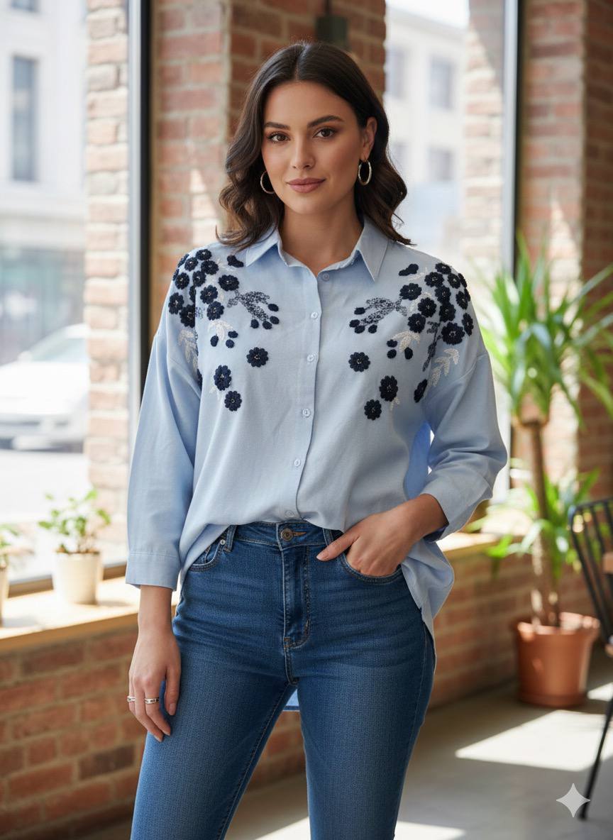 Shirt with Floral Embroidery