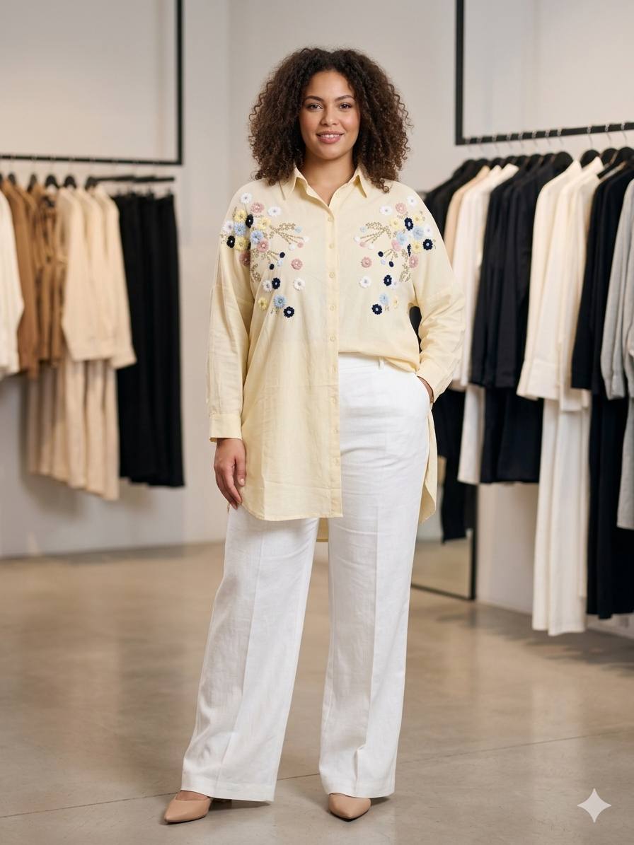 Women Plus size  One Size Floral Embroidered Oversized Shirt