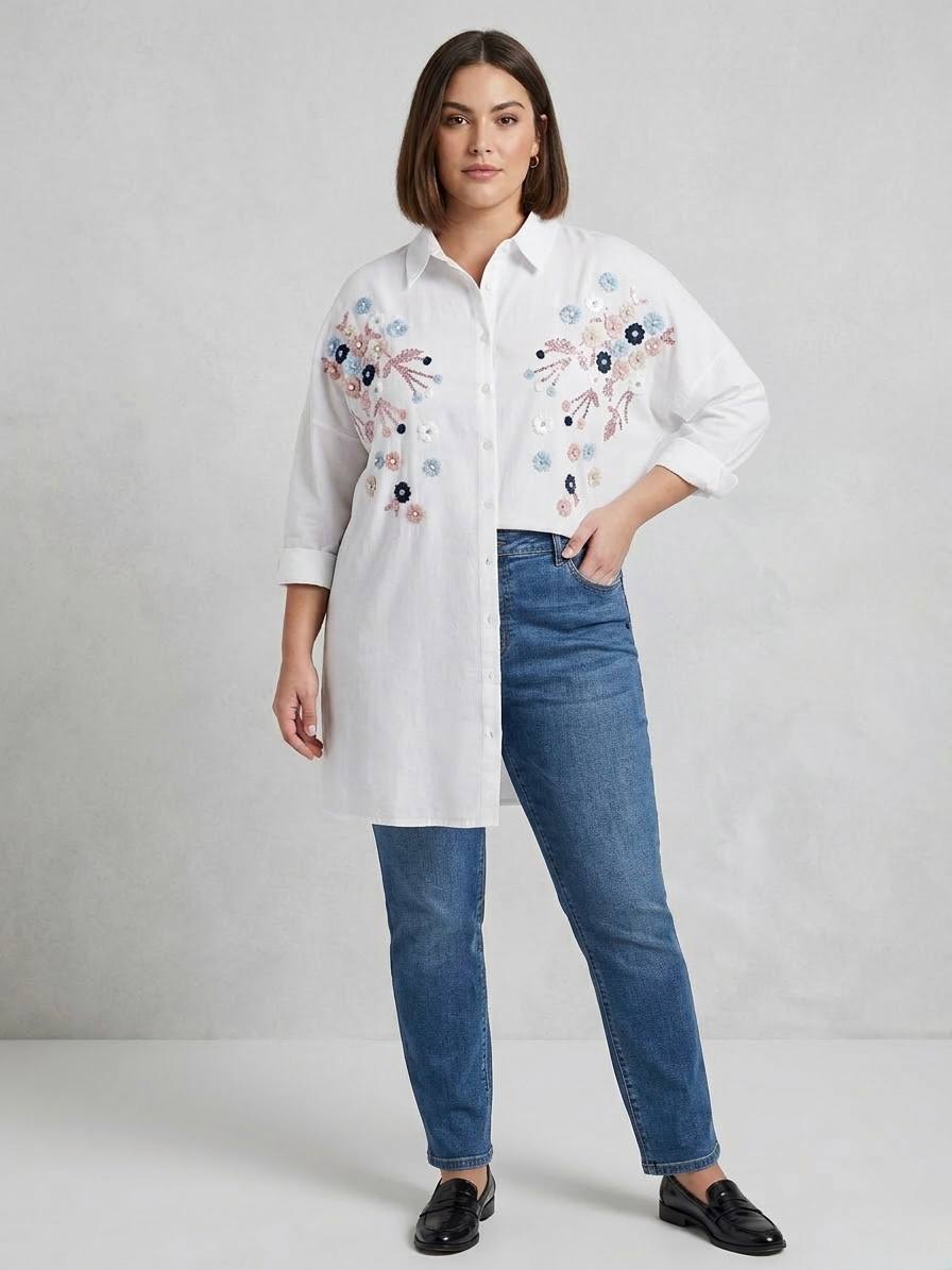 Women Plus size  One Size Floral Embroidered Oversized Shirt