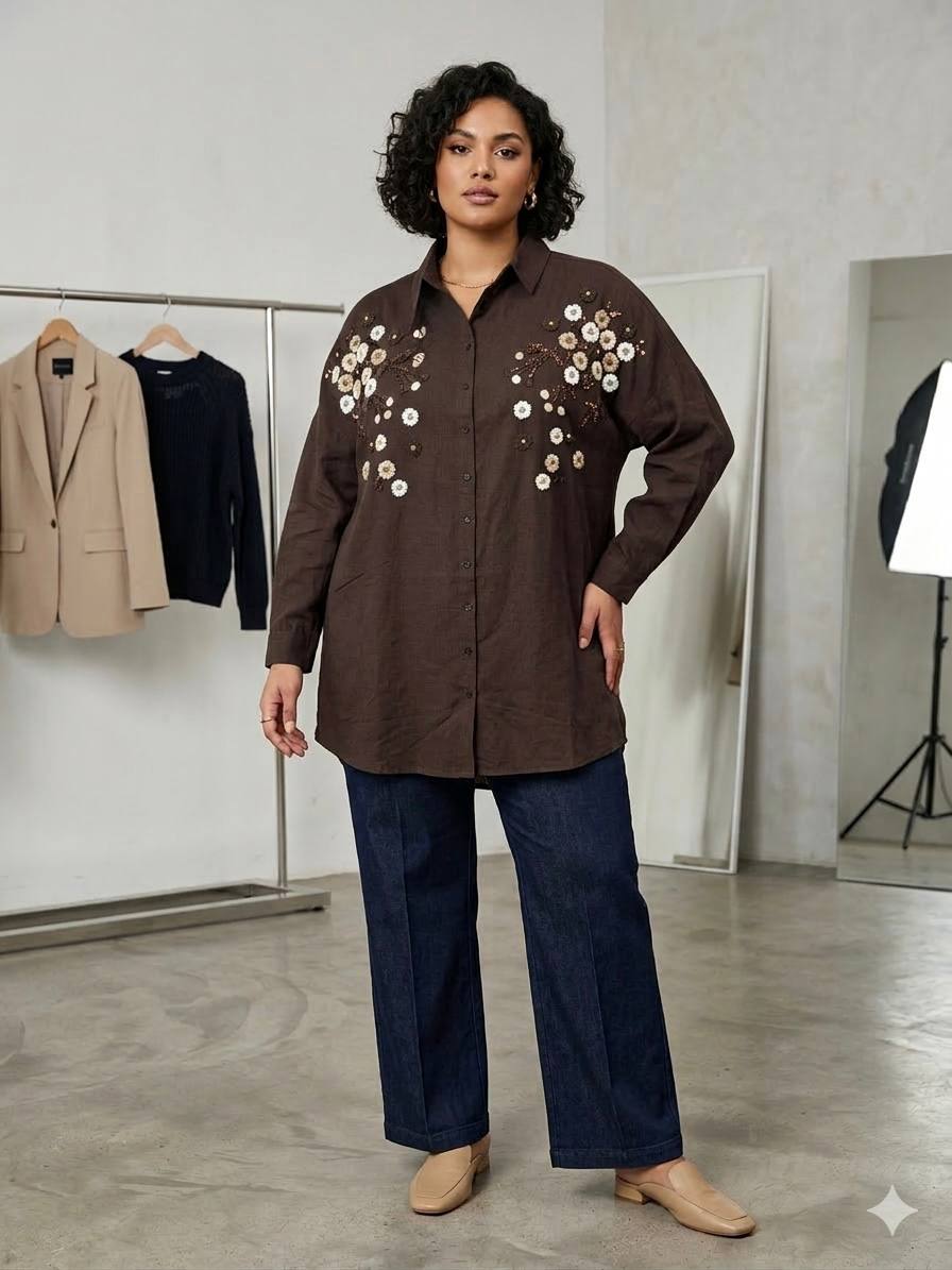 Women Plus size  One Size Floral Embroidered Oversized Shirt