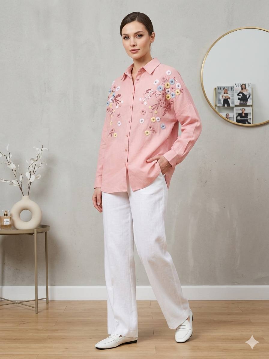 Oversized BOHO-Chic shirt with floral Embroidery
