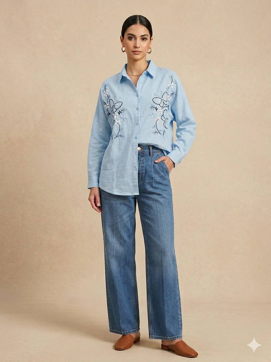 Embroidered Butterfly Long Sleeve Shirt ( oversize)