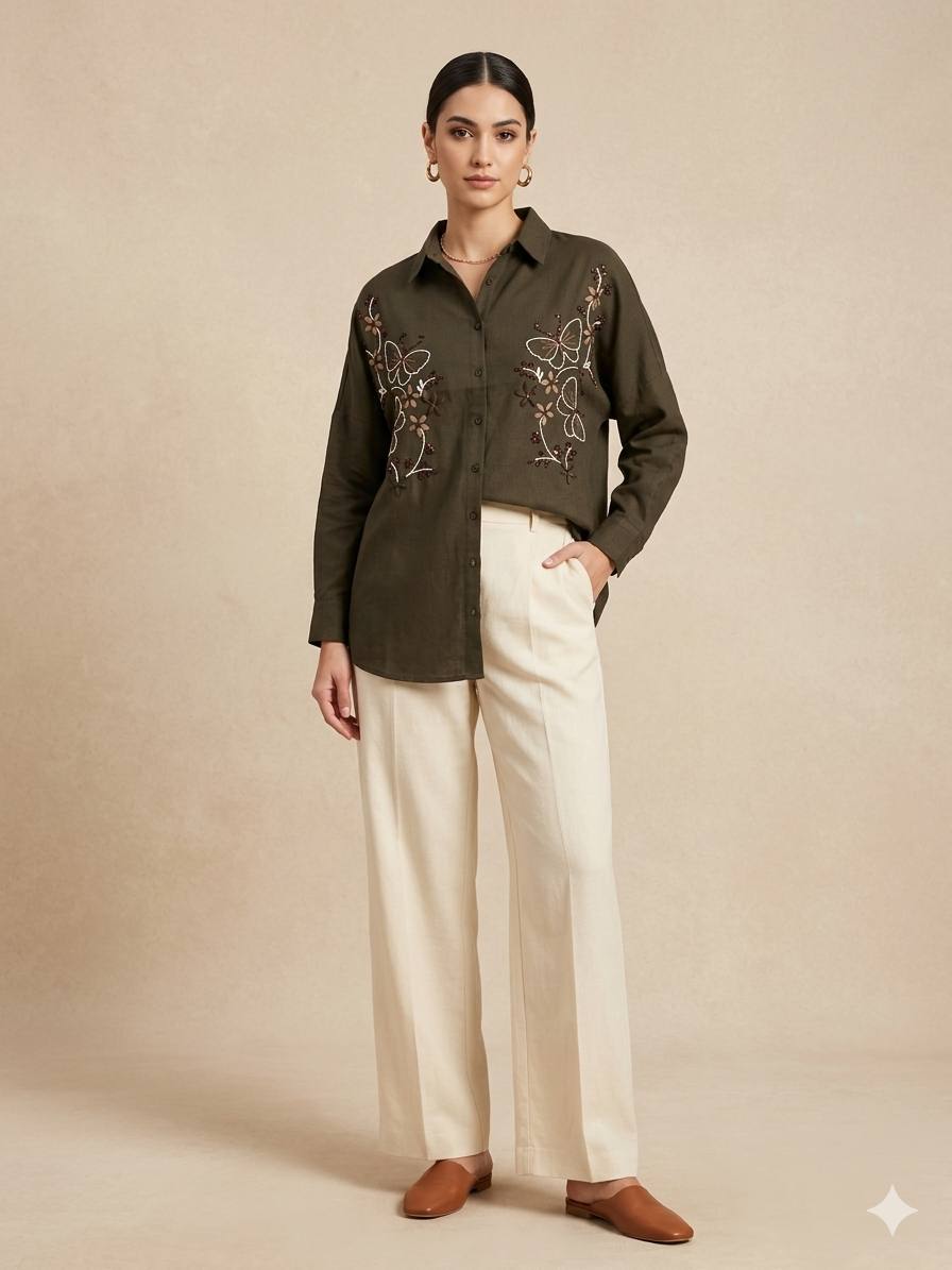 Embroidered Butterfly Long Sleeve Shirt ( oversize)