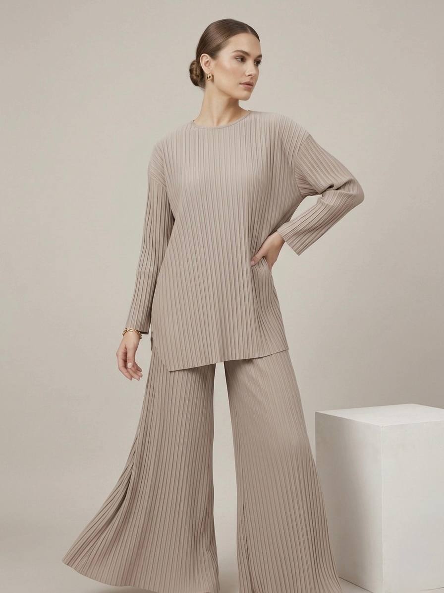 Relaxed Fit Pleated Tunic & Wide leg Pants Set