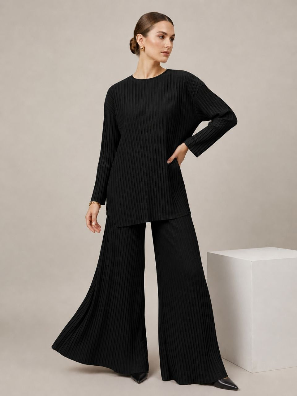 Relaxed Fit Pleated Tunic & Wide leg Pants Set