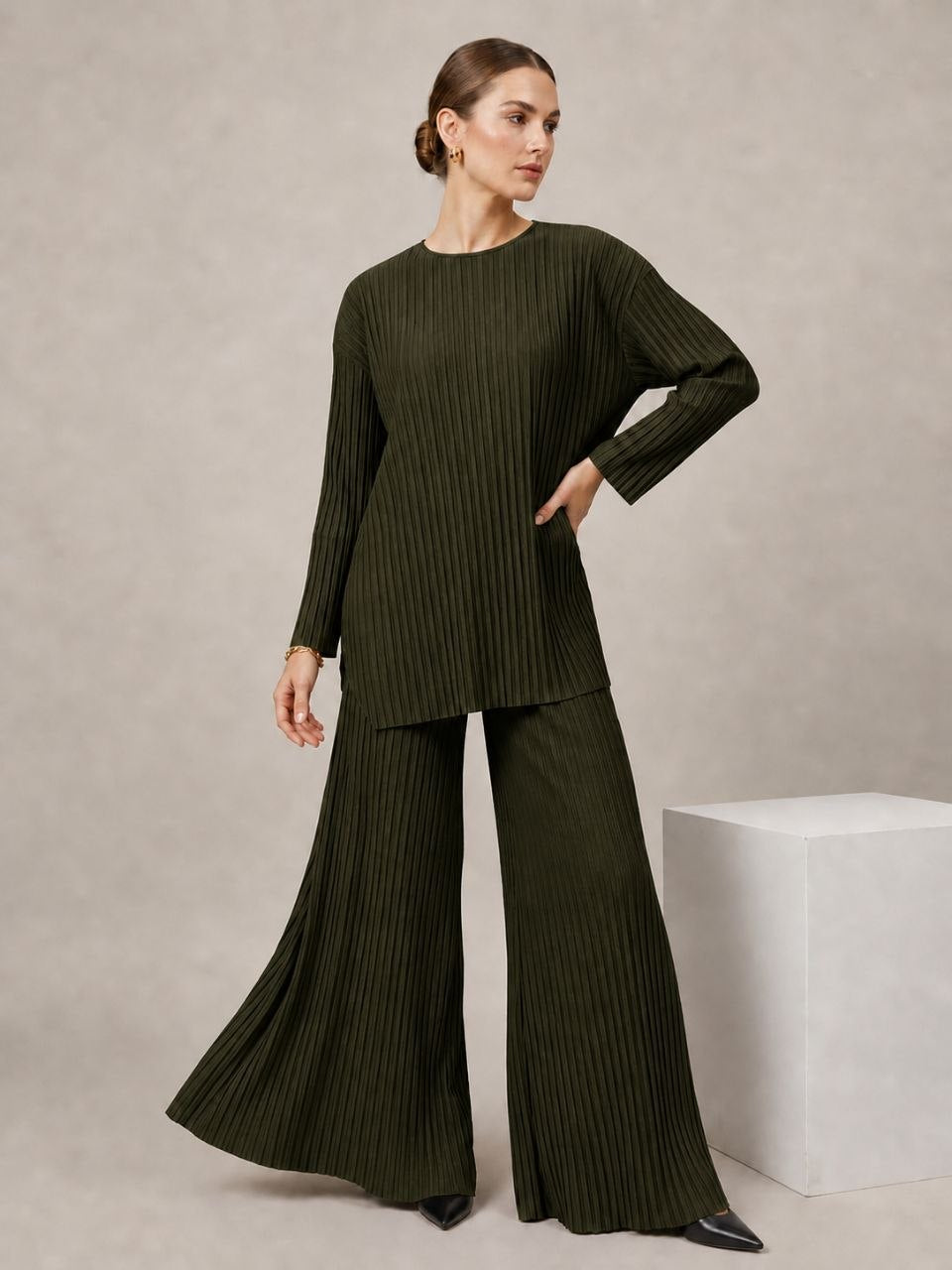 Relaxed Fit Pleated Tunic & Wide leg Pants Set