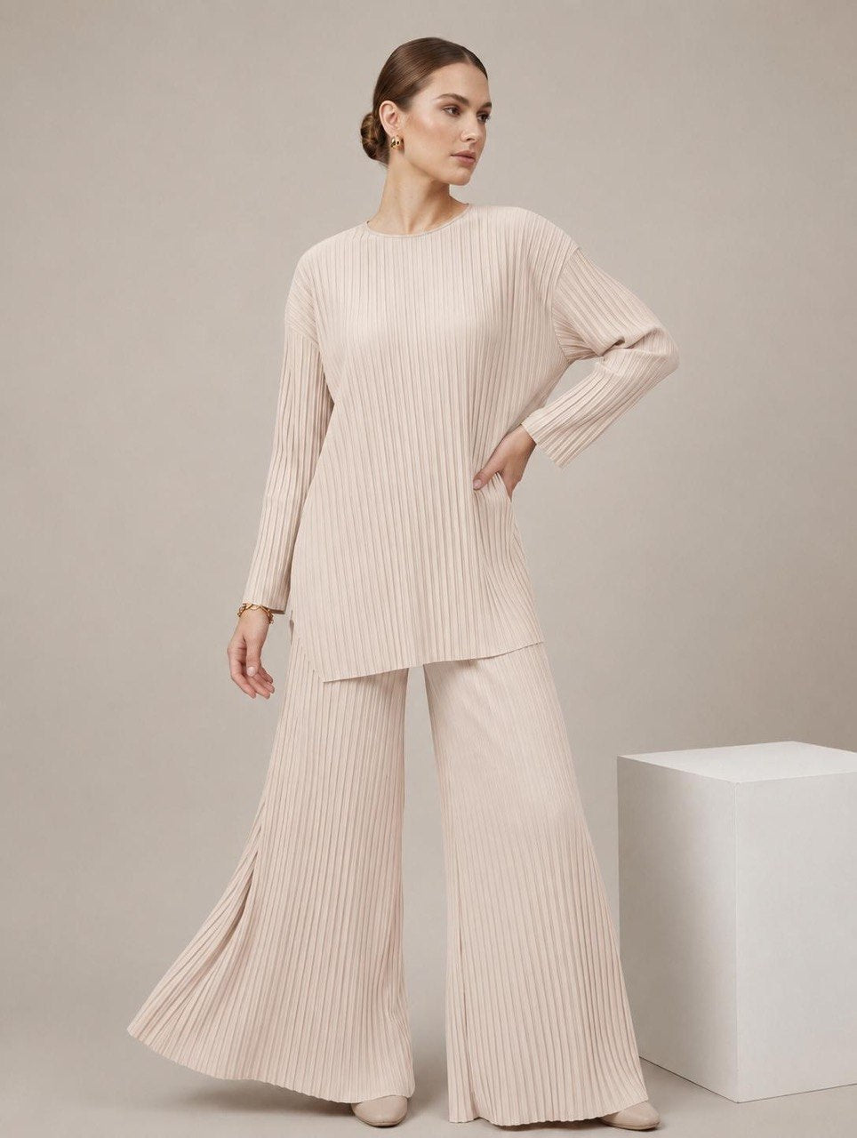 Relaxed Fit Pleated Tunic & Wide leg Pants Set